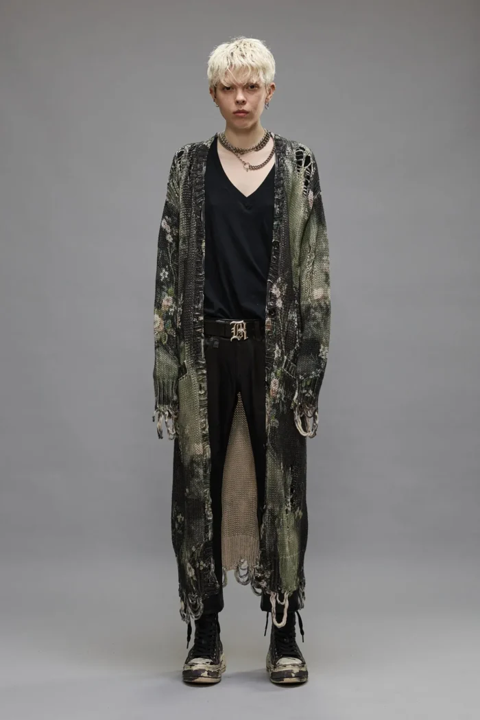 R13 Distressed Long Cardigan Sweater Bleached Black Floral (3)