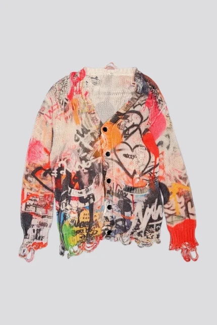 R13 Printed Boyfriend Cardigan Sweater Heart Graffiti Print (1)